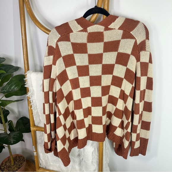 American Eagle Check Maroon Cream Chunky Sweater sz S - Picture 2 of 5